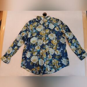 Old Navy [VTG] - Floral Collared Long-sleeve Button Up Blouse - Blue/Green - XL